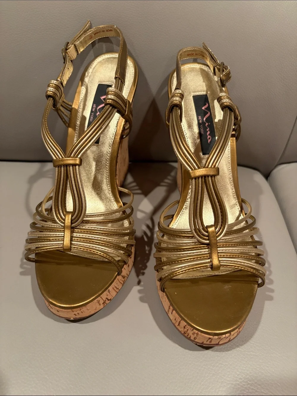 Nina Metallic Gold Strappy Cork Platform Sandals - Nina